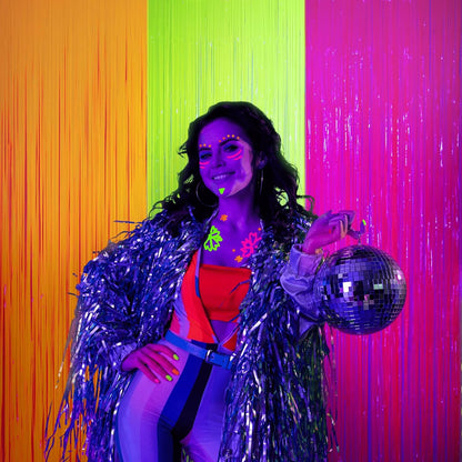 Mega-L Glow In The Dark Party Supplies - 3 Pack Neon Tinsel Foil Fringe Curtains | 9.9 x 6.6 ft Backdrop for Birthday & New Year's Eve Celebrations