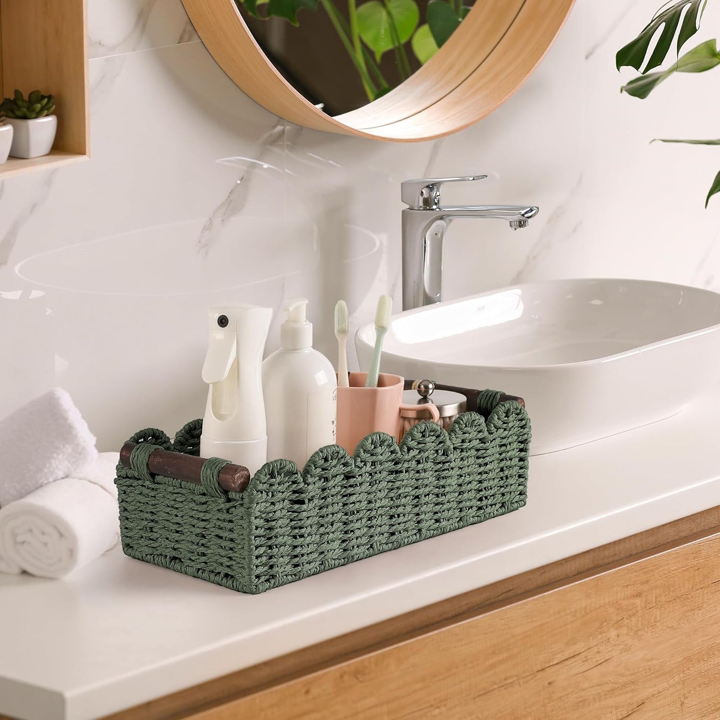 Skiennix Toilet Paper Storage Basket - Stylish Wicker Organizer for Bathroom, Kitchen, or Nursery - Green