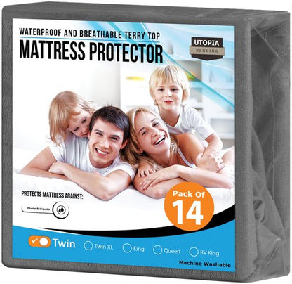 Utopia Bedding Waterproof Mattress Protector Twin Size (Pack of 14), Premium Terry Mattress Cover 200 GSM, Breathable, Fitted Style with Stretchable Pockets (Grey)