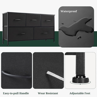5-Drawer Dresser by [Brand Name] - Anti-Tip Fabric Storage Organizer with Wooden Top | Black
