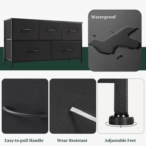 5-Drawer Dresser for Bedroom, Anti-Tip Wide Storage Organizer Fabric Chest of Drawers TV Stand for 45" TV with Wooden Top and Metal Frame for Closet, Living Room, Hallway, Entryway, Black
