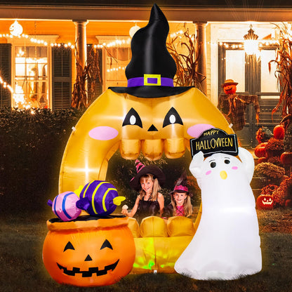 5 Feet Halloween Inflatable Pumpkin Outdoor Decoration with LED Lights, Blow up Halloween Ghost Hollowed Out Archway Pumpkin Inflatable Decor for Indoor Outdoor Yard Halloween Party Photo Spot