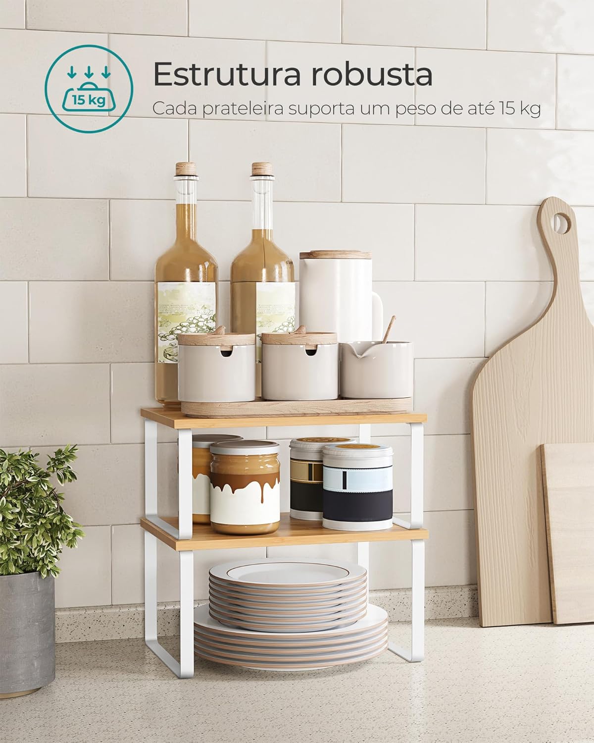 SONGMICS Kitchen Organizer Shelves - Set of 2 Stackable Spice Racks in Cloud White & Natural Beige