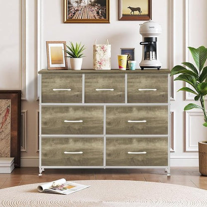 Greige Oak 7-Drawer Dresser by [Brand Name] - Anti-Tip Storage Organizer for Bedroom & Living Room