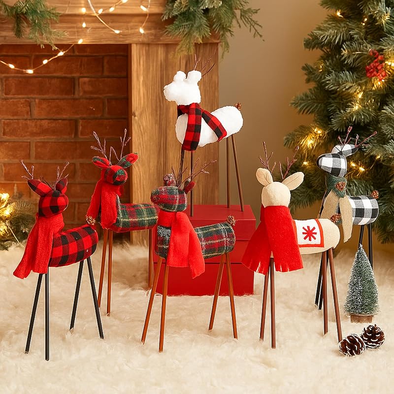 Standing Plush Reindeer Decor (Set of 6) - Christmas Holiday Plush Figures