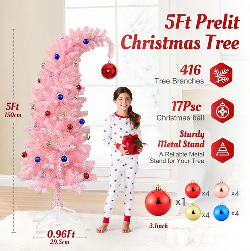 Hatisan 5FT Artificial Pink Christmas Tree - Bent Design with Ball Ornaments & Metal Base for Holiday Decor