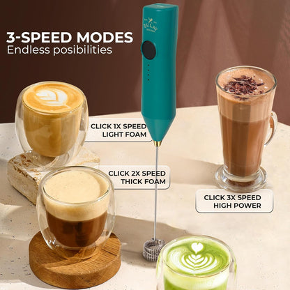 Zulay Kitchen Rechargeable Milk Frother - 3 Speeds & 3 Whisk Attachments - USB Charging for Lattes & Cappuccinos - Green Gold