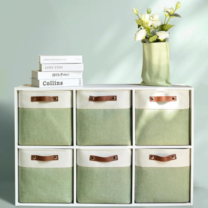 Patvingot Foldable Fabric Storage Cubes - Sturdy 11x11 Inch Organizer Bins with Leather Handles | White/Green 6-Pack