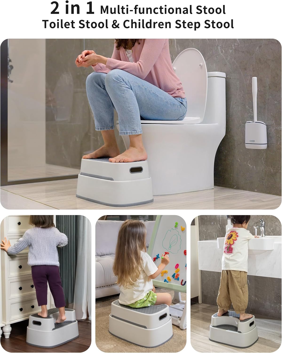 MR.SIGA Toilet Stool - Heavy Duty Squat Step for Adults & Kids | Anti-Slip Design in Off-White & Dark Gray