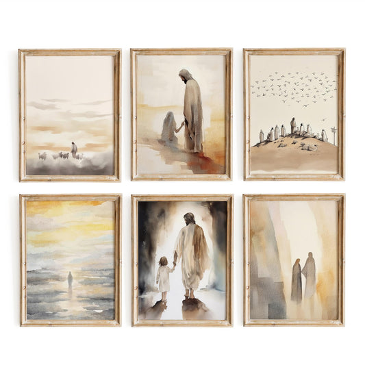 ESSEN Life Christian Wall Art Set of 6, Jesus Wall Decor, Bible Stories Scripture Wall Art, Christian Wall Decor, Christian Home Decor, Christian Gifts for Women (8"x10" UNFRAMED)