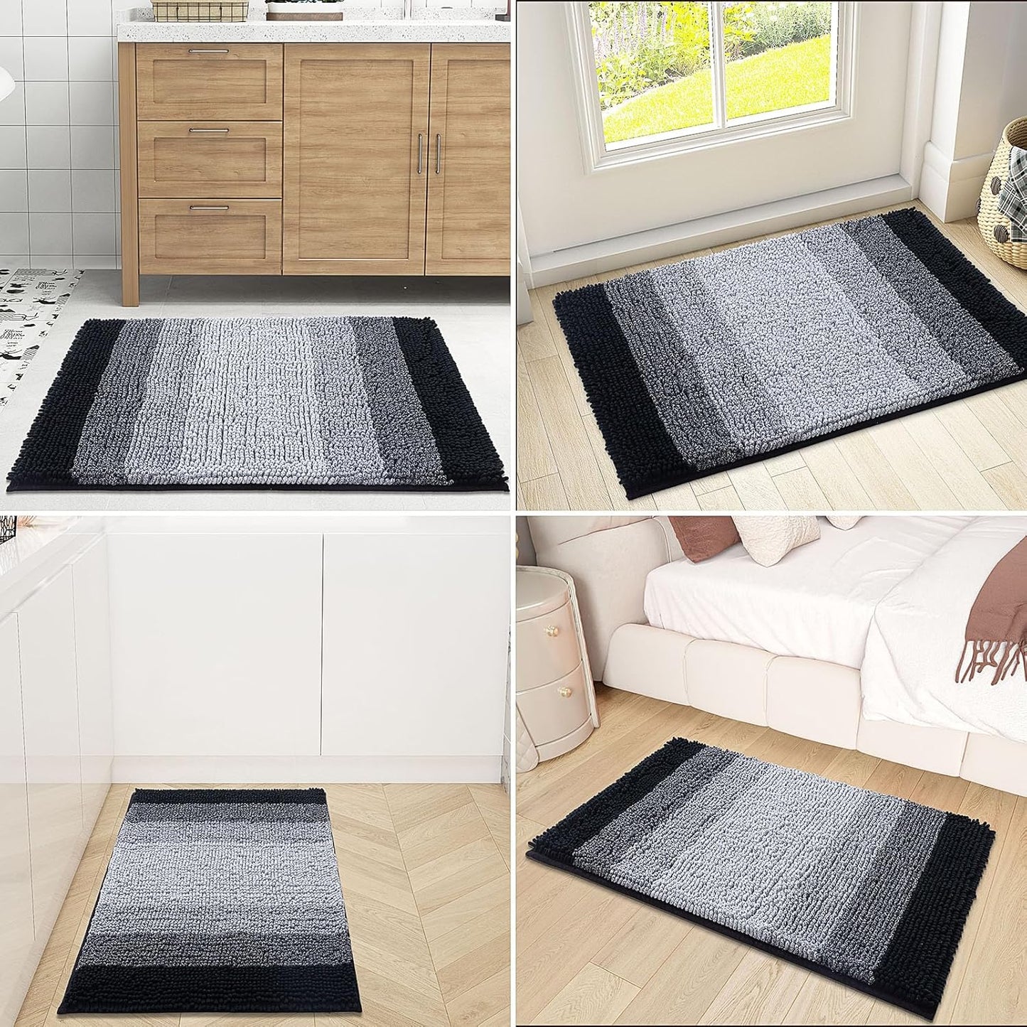 OLANLY Bathroom Rug - Extra Soft Chenille Shaggy Mat | Non-Slip, Machine Washable, 24 x 16 Inch, Black