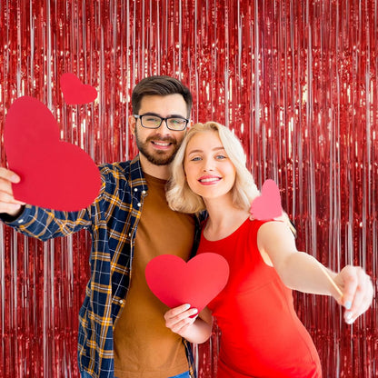 Melsan Red Tinsel Fringe Backdrop - 3.2 x 8 Ft Metallic Foil Curtains for Birthday & Photo Booth | 2 Packs