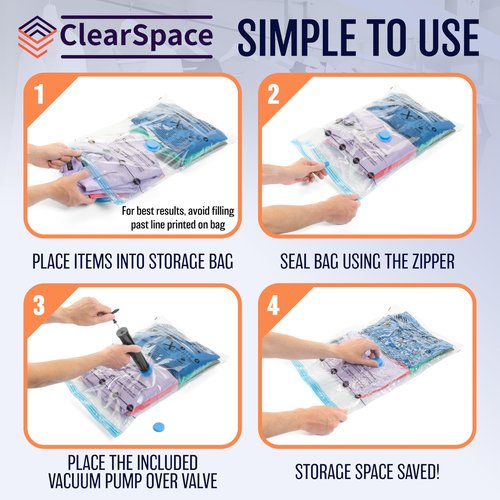 ClearSpace Vacuum Seal Bags for Clothing, Vacuum Storage Bags, 10 Large – Space Saver Bags, Blanket Storage, Clothes Storage – Space Bags, Hand Pump Included