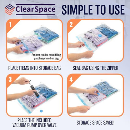 ClearSpace Vacuum Seal Bags for Clothing, Vacuum Storage Bags, 10 Large – Space Saver Bags, Blanket Storage, Clothes Storage – Space Bags, Hand Pump Included
