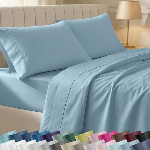 California Design Den King Size Bed Sheets Set - 100% Soft Cotton, 400 Thread Count, Silky Smooth Sateen - Sky Blue