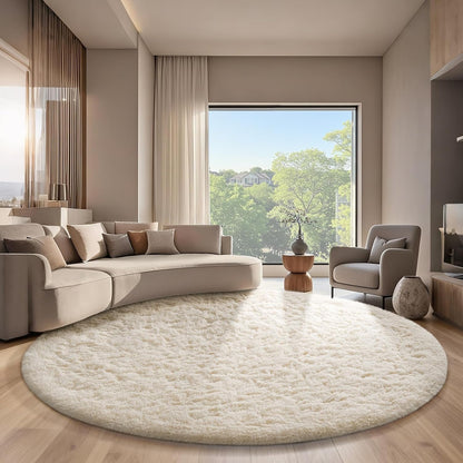 Ophanie Round Area Rug - 7Ft Ivory Circle Carpet for Aesthetic Room Decor | Fluffy Soft Shaggy Design