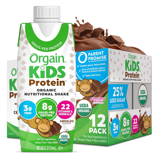 Orgain Organic Kids Protein Shake - Chocolate Flavor, 8g Dairy Protein, Gluten-Free, 12-Pack (8.25 Fl Oz)