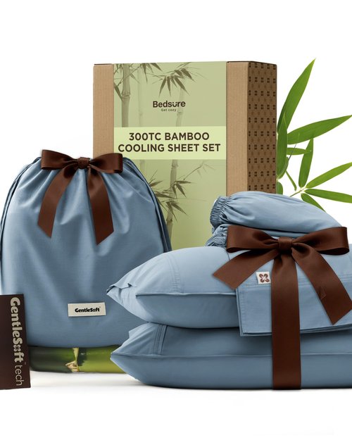 Bedsure Bamboo Viscose Cooling Sheets, Rayon Cotton Serene Blend, PureWoven, Breathable & Buttery Soft Queen Size Bed Set, Deep Pocket Up to 18", Hotel Luxury Bedding for Hot Sleepers, Dusty Blue