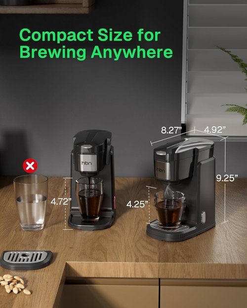 HBN Single Serve Coffee Maker - Fast Brew K-Cup & Ground Coffee Machine | Compact 10oz Stainless Steel Tank, Black