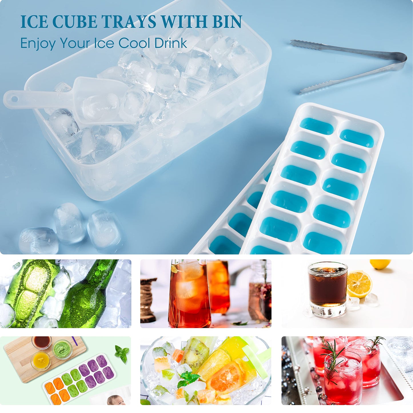 DOQAUS Ice Cube Tray with Lid and Bin, 3 Pack Silicone Plastic Ice Cube Trays for Freezer with Ice Box, Ice Trays with Ice Container, Stackable Ice Tray with Storage Ice Bucket,Ice Tong,Ice Scoop