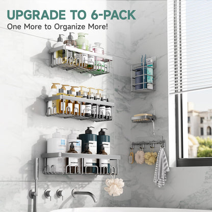 Veken Shower Caddy 6-Pack, Advanced Rustproof Design, No Drilling Adhesive Shelves, Rack with Soap Holder, Large Capacity Bathroom Organizers and Storage, Wall-Mounted Kitchen & Home Decor, Silver
