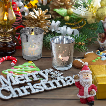 Silver Votive Tealight Candle Holders - 12PCS Christmas Decor with Carved Reindeer for Festive Centerpieces