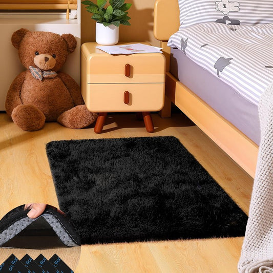 Mhyup 2x3 Black Rug for Bedroom Living Room, Fluffy Small Area Rug Soft Shag Carpet for Kids Boys and Girls Room with 4 Rugs Non-Slip Stickers Dorm Home Decor (2ft x 3ft)