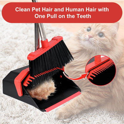 Tiumso Upgrade Broom with Dustpan Combo Set, Broom and Dustpan Set with 51'' Long Handle, Dust Pan and Brooms, ZeroGap Lip, Self-Cleaning Dustpans Teeth for Lobby Kitchen Restaurant - Black and Red