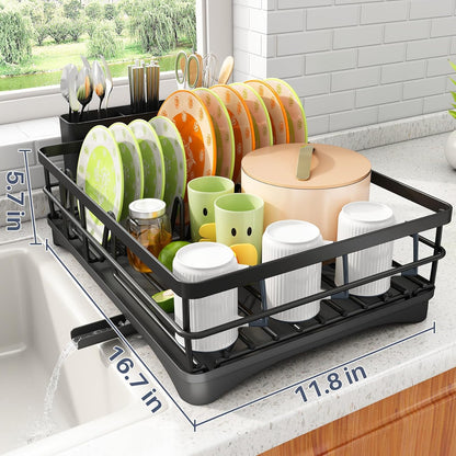 SAYZH Dish Drying Rack - Large-Capacity Rust Resistant Kitchen Drainer with Drainboard & Rotating Spout | Black