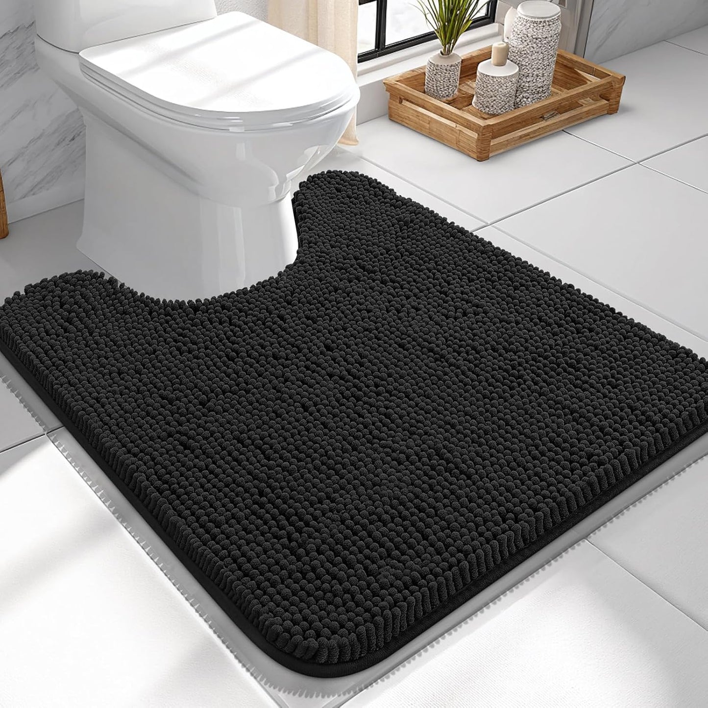 OLANLY U-Shaped Toilet Rugs - Extra Soft, Absorbent Chenille Bath Mat | 24x24, Quick-Dry, Non-Slip, Black