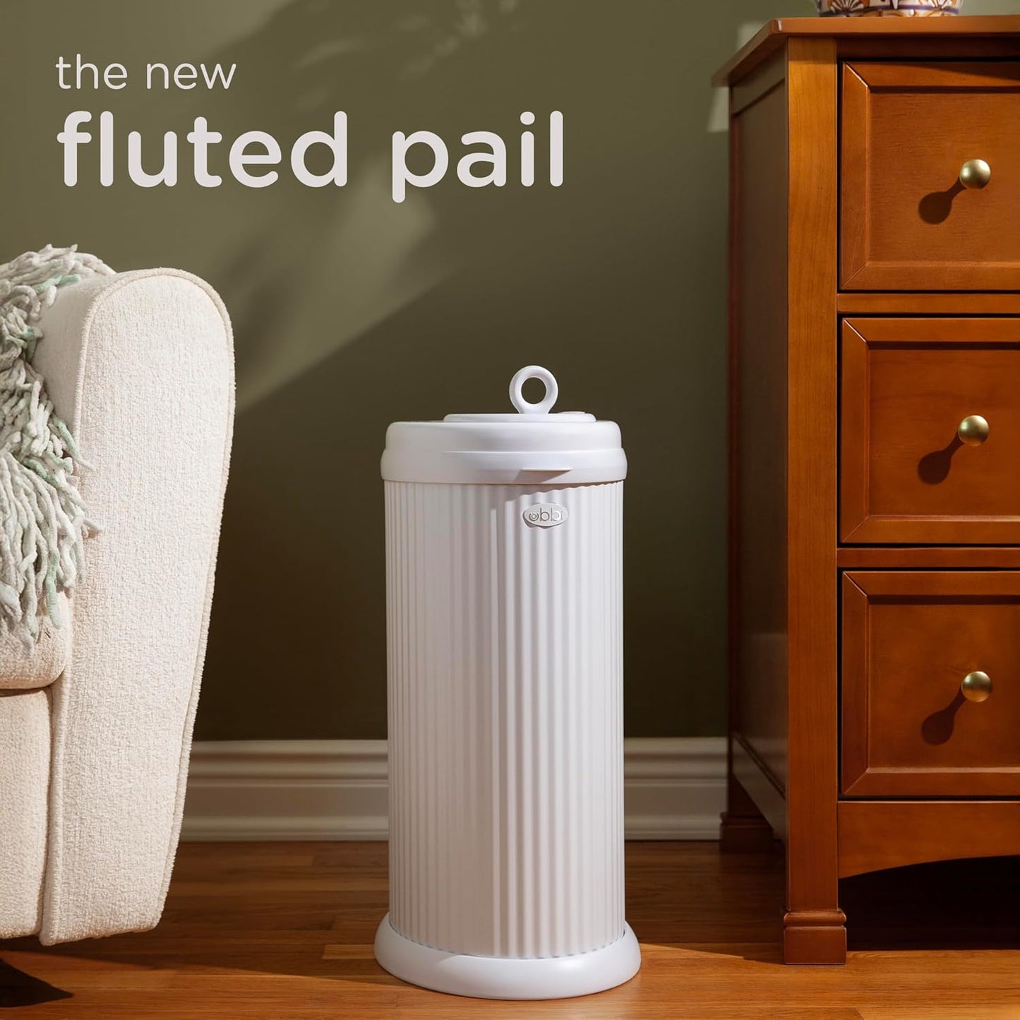 Ubbi Fluted Stainless Steel Diaper Pail - Odor Locking Design | No Special Bags Required, White