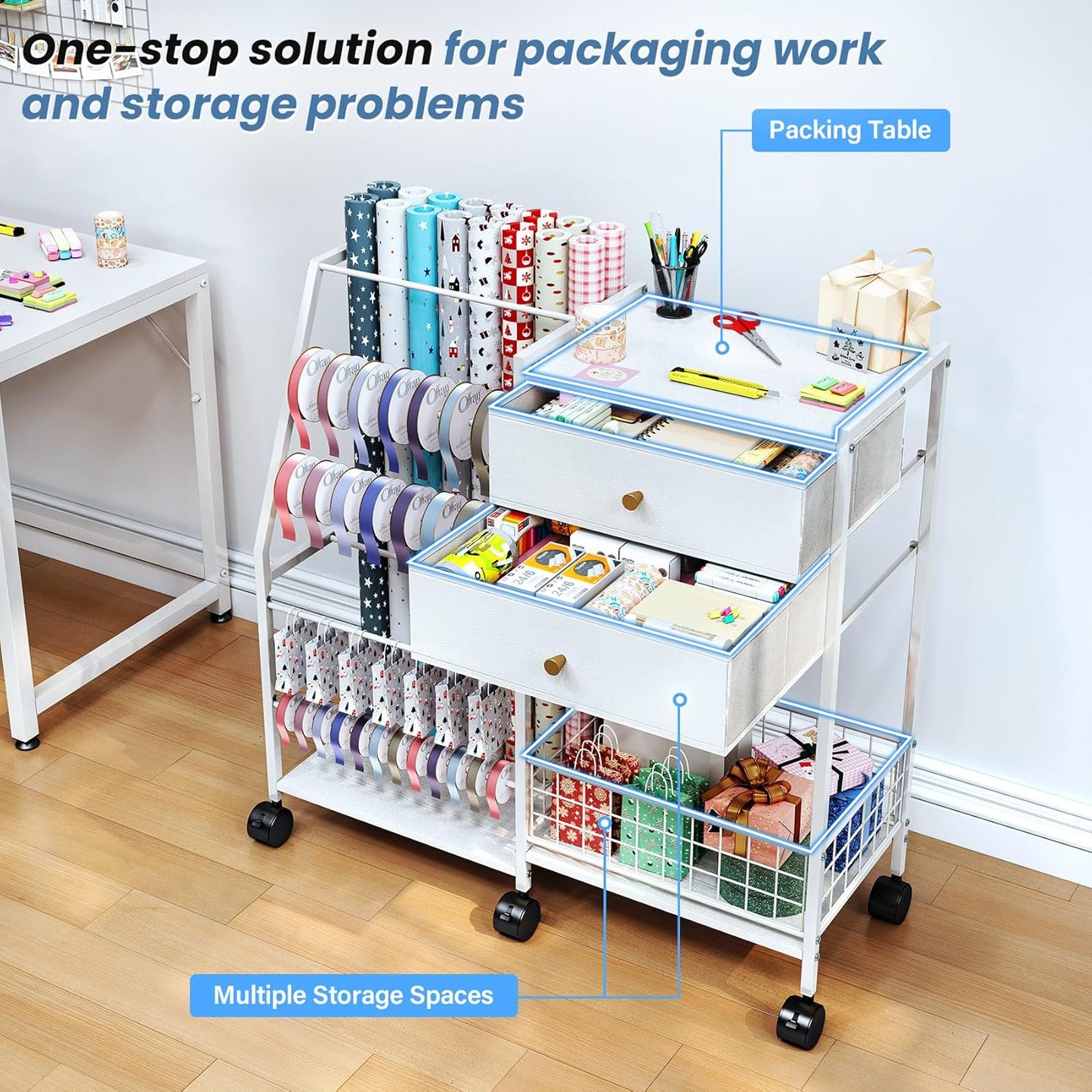 TC-HOMENY Wrapping Paper Organizer - Mobile Gift Wrap Rack with 2 Large Drawers & Ribbon Storage