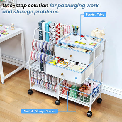 TC-HOMENY Wrapping Paper Organizer - Mobile Gift Wrap Rack with 2 Large Drawers & Ribbon Storage