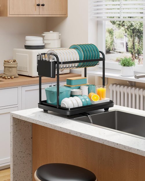 2-Tier Dish Drying Rack - Stainless Steel Kitchen Organizer with Cutlery Holders | 15" W x 11.4" L x 15" H, Black