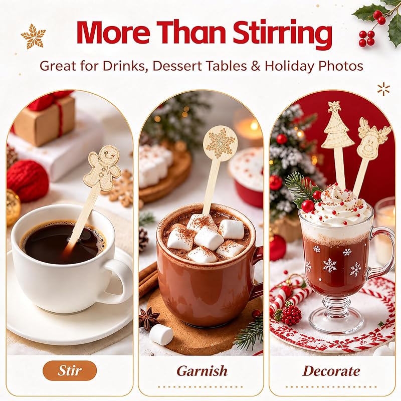 Christmas Bamboo Coffee Stir Sticks 50pc Pack - 7in Stirrers with Santa/Tree Designs (Variation: Christmas+50PCS)