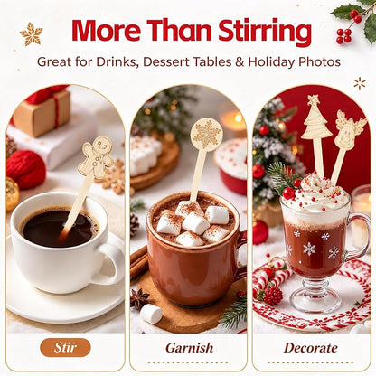 Christmas Bamboo Coffee Stir Sticks 50pc Pack - 7in Stirrers with Santa/Tree Designs (Variation: Christmas+50PCS)