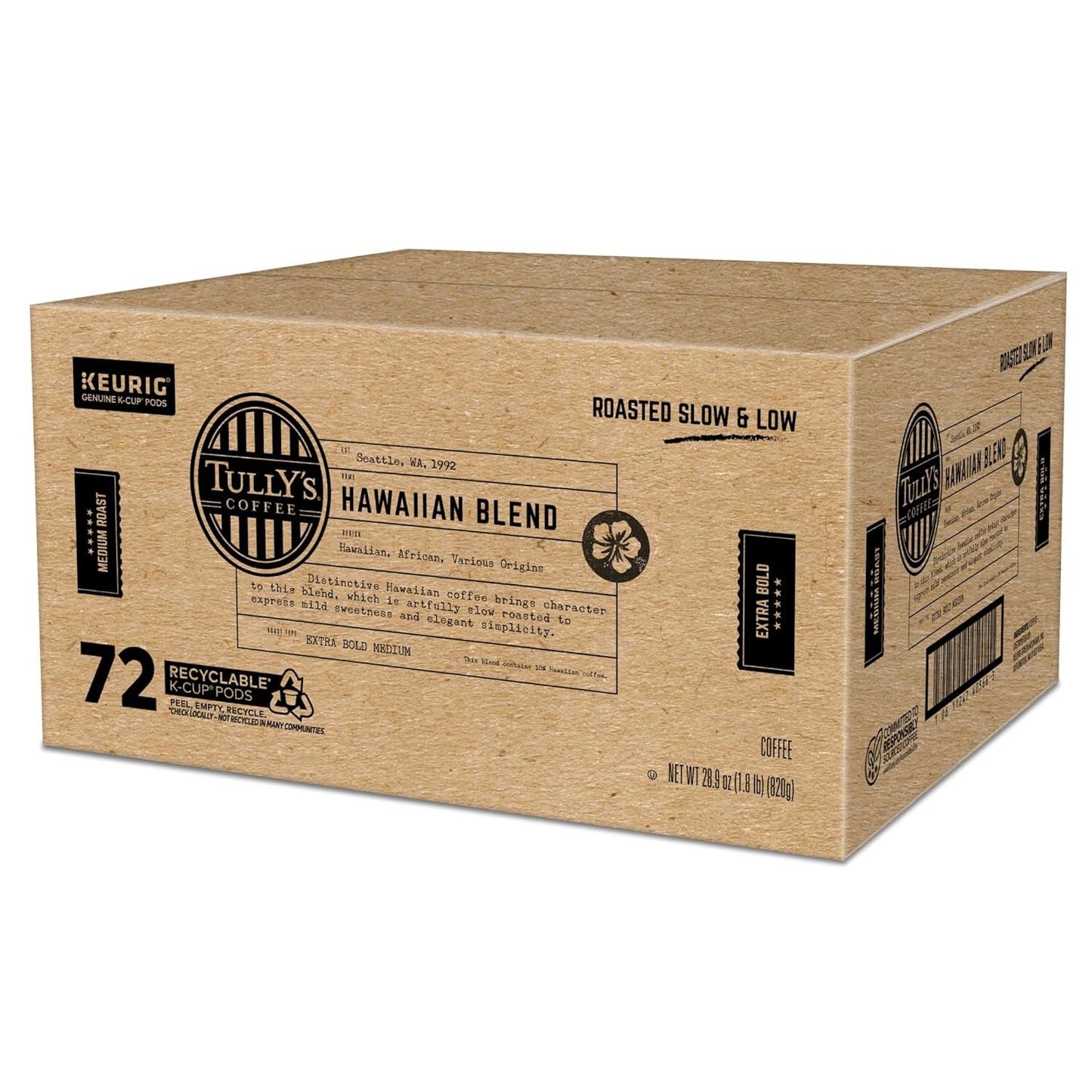 Tully's Coffee Hawaiian Blend K-Cup Pods - Medium Roast, 72 Count | Perfect for Keurig Machines