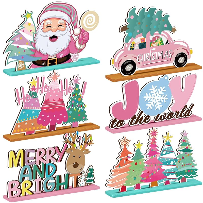 Pastel Pink Christmas Wooden Table Decorations - 6 Pcs Holiday Centerpieces