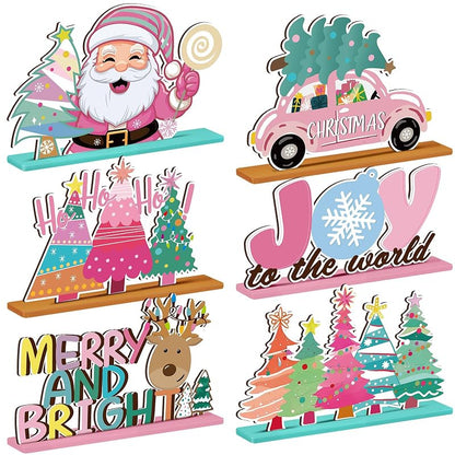 Pastel Pink Christmas Wooden Table Decorations - 6 Pcs Holiday Centerpieces