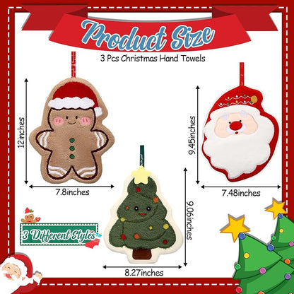 Christmas Hand Towels Set of 3 - Santa, Gingerbread Man & Christmas Tree – Hanging Kitchen & Bathroom Towel