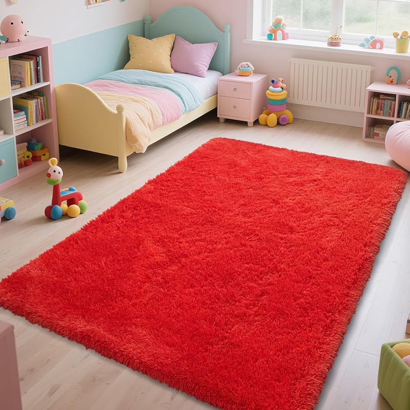 Red 6' x 9' Ultra Soft Shag Area Rug for Bedroom & Living Room (Variation: Red+6' x 9' Rectangular) - Non-Slip Plush Home Decor