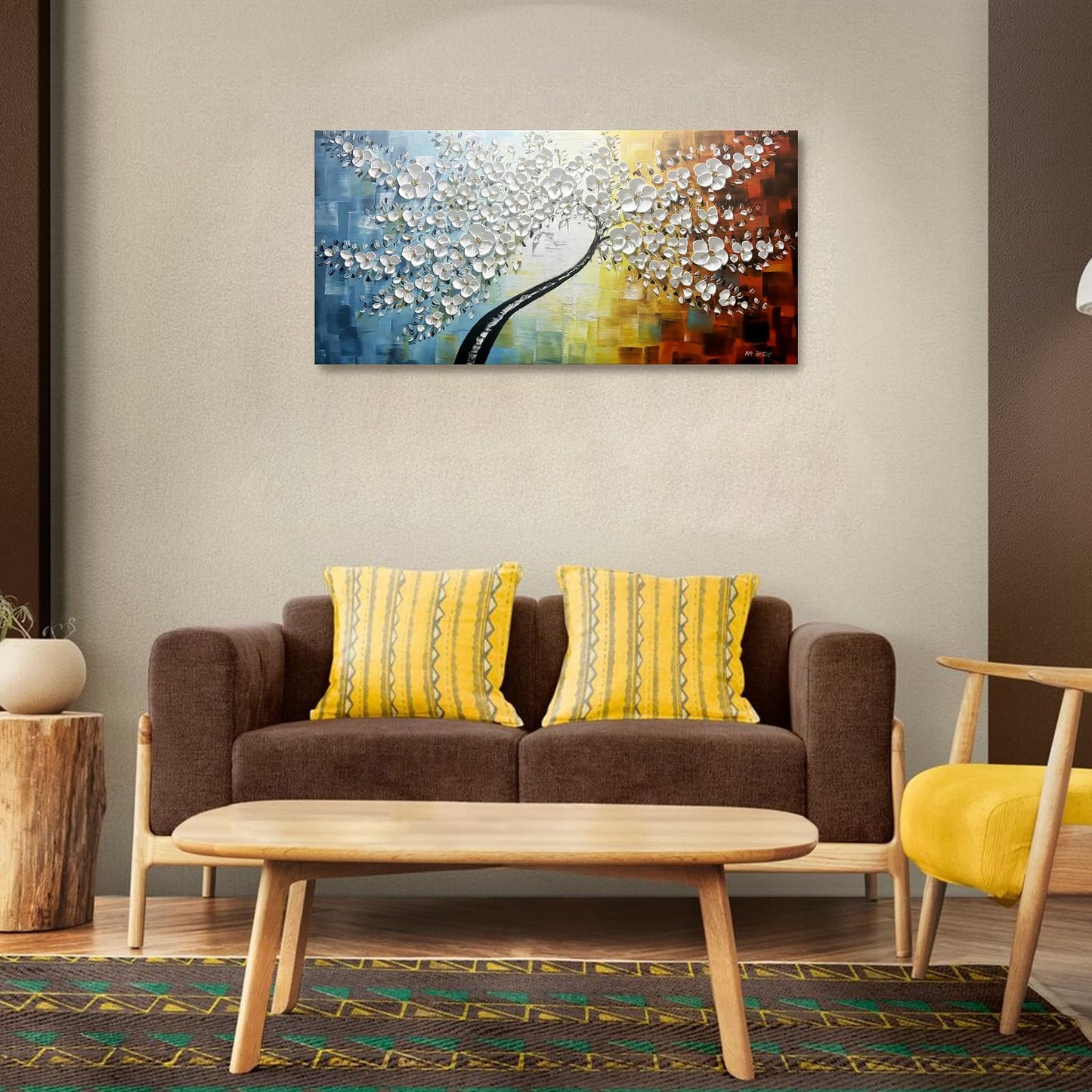 NEATKA 100% hand-painted Modern Hand Painted Abstract Lucky Tree Canvas Art Golden Flower 3D Oil Painting Canvas Modern Home Interior Decor Abstract Art 3D Flowers Paintings Ready to hang 24x48inch