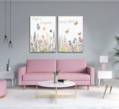 Skiennix Wildflower Nursery Canvas Wall Art - Inspirational Floral Paintings for Baby Room | 2-Piece Set