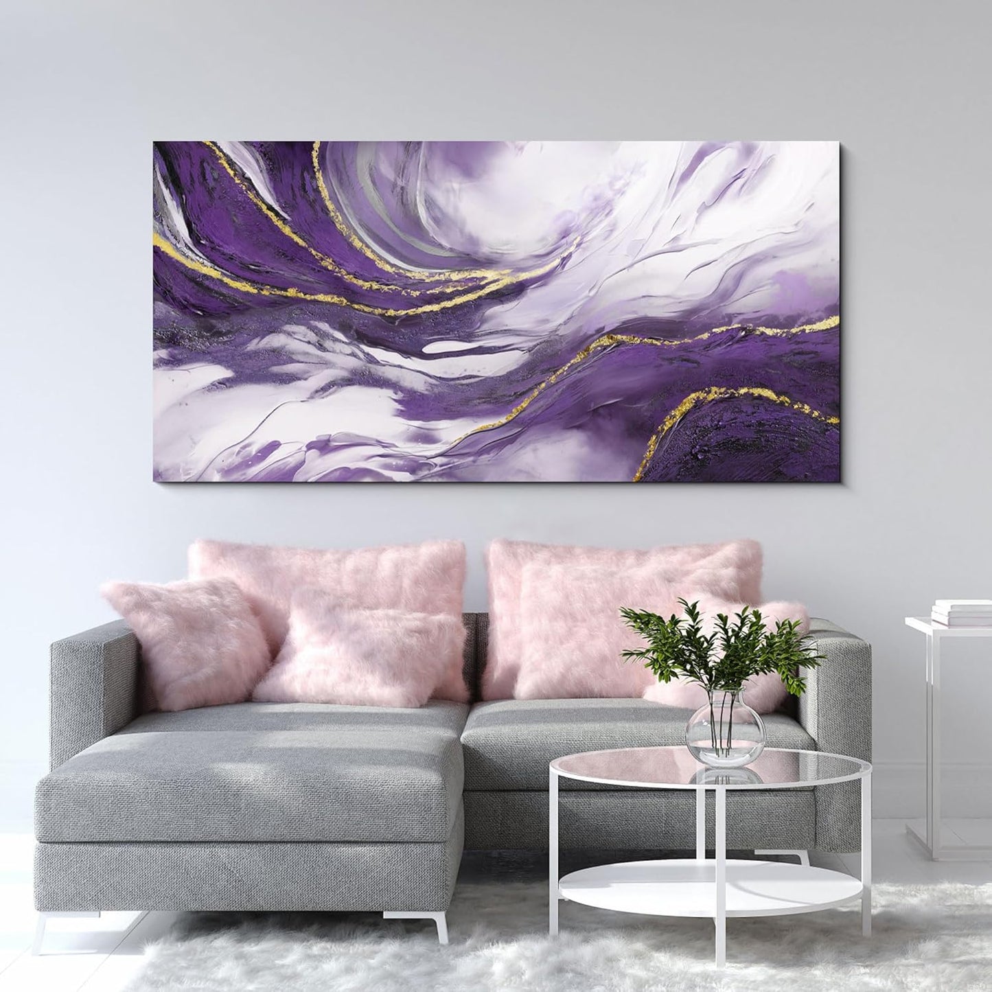 Yiijeah Large Canvas Wall Art - Purple and Gold Abstract Design for Living Room | Modern Framed Decor