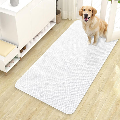 OLANLY Dog Door Mat - Absorbent Non-Slip Washable Doormat for Muddy Paws | 44x24 Inches, Quick Dry Chenille, White