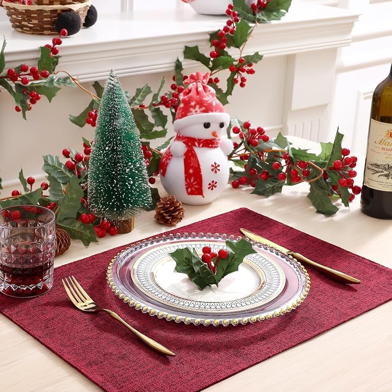 Red 6-Piece Faux Linen Placemats Set 13x19 inches – Heatproof, Easy Care