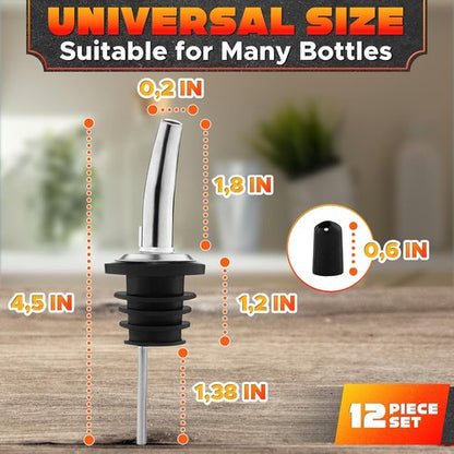 12Pcs Stainless Steel Liquor Pour Spout Covers - Leak-Resistant Alcohol Pour Spouts for Liquor Bottles, Oil Topper for Bottle with Silicone Seal Rings & Rubber Cups - Olive Oil Spouts for Bottles