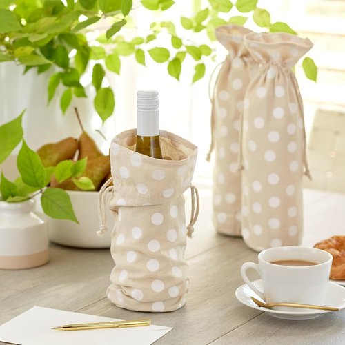 Hallmark Fabric Drawstring Bottle Bags (Pack of 3: White Polka Dots) for Valentine's Day, Housewarmings, Birthdays