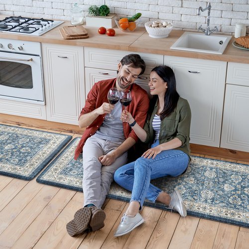 KIMODE Kitchen Mats Cushioned Anti Fatigue, Boho Oriental Kitchen Rugs Sets of 2, Blue Kitchen Mats for Floor, Padded Kitchen Floor Mat, Non Slip Standing Desk Mats for Sink Laundry Office