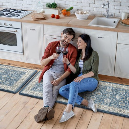 KIMODE Kitchen Mats Cushioned Anti Fatigue, Boho Oriental Kitchen Rugs Sets of 2, Blue Kitchen Mats for Floor, Padded Kitchen Floor Mat, Non Slip Standing Desk Mats for Sink Laundry Office